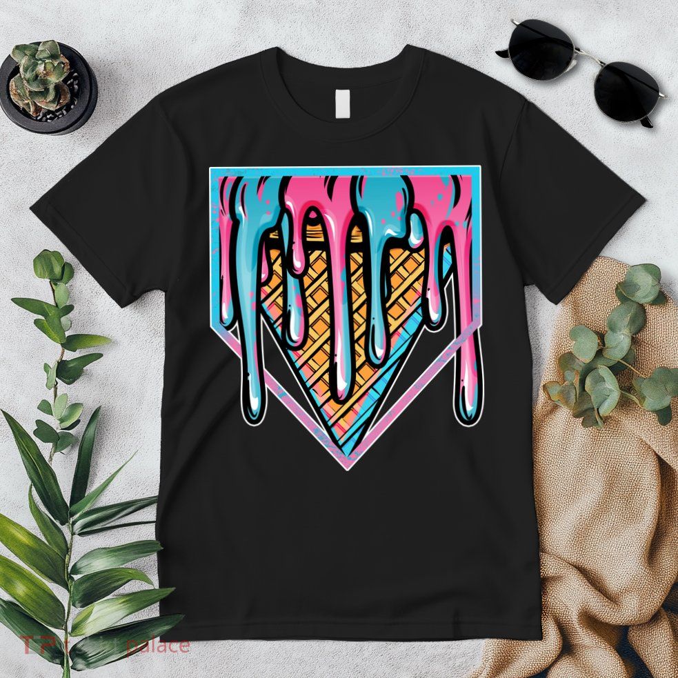 Cute Retro Melting Ice Cream Cone Baseball Home Plate Premium T-Shirt