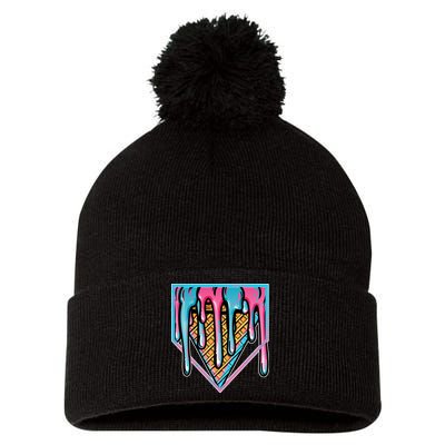 Cute Retro Melting Ice Cream Cone Baseball Home Plate Pom Pom 12in Knit Beanie