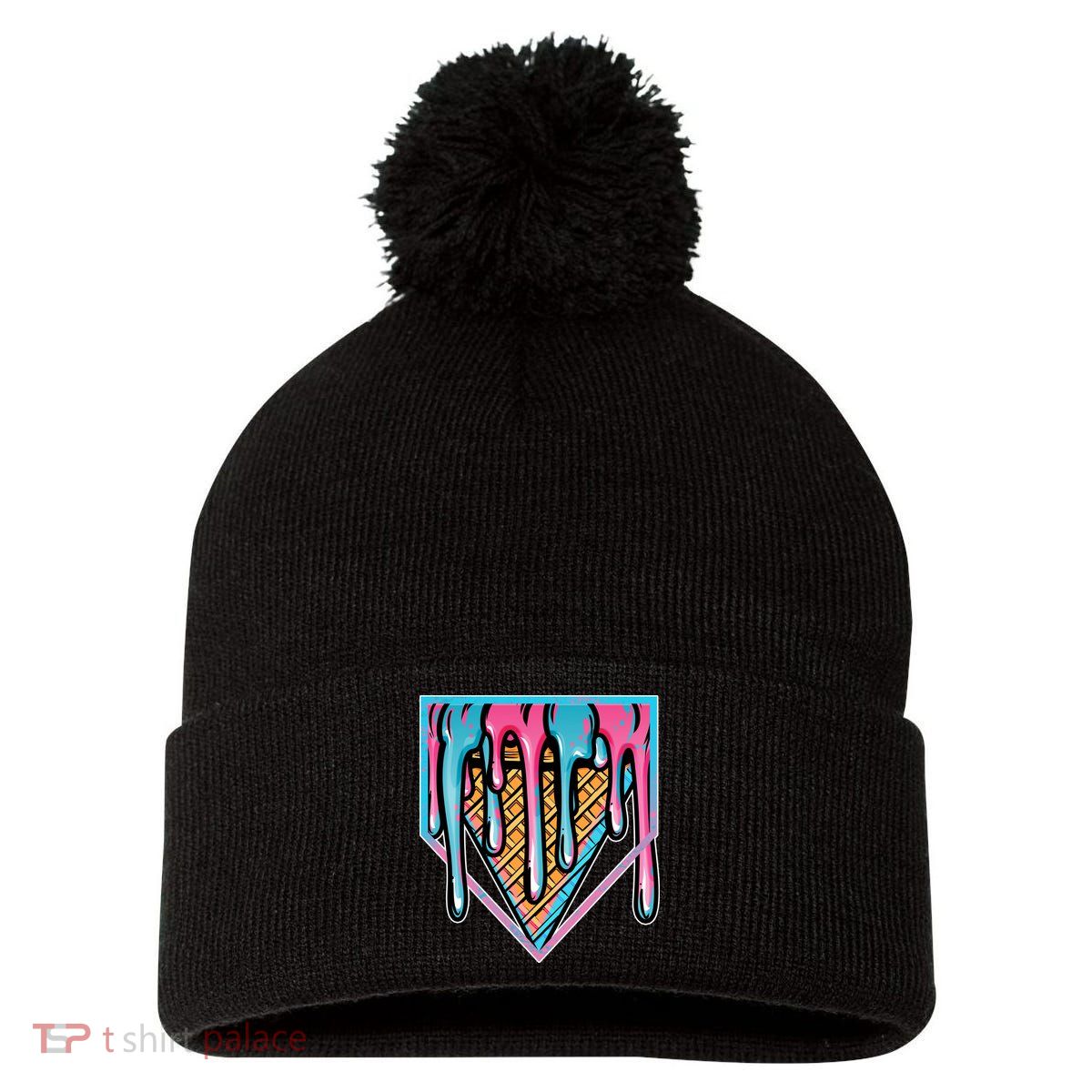 Cute Retro Melting Ice Cream Cone Baseball Home Plate Pom Pom 12in Knit Beanie