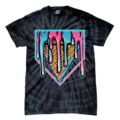 Cute Retro Melting Ice Cream Cone Baseball Home Plate Tie-Dye T-Shirt
