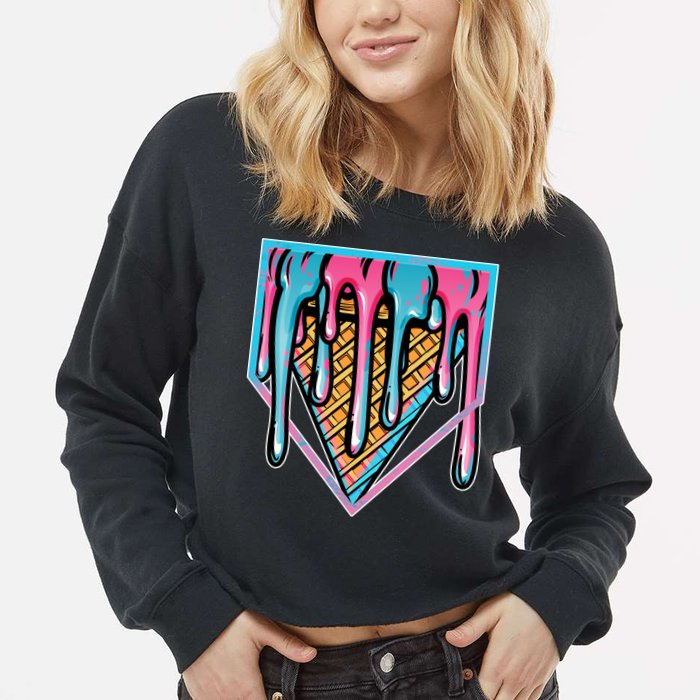 Cute Retro Melting Ice Cream Cone Baseball Home Plate Cropped Pullover Crew