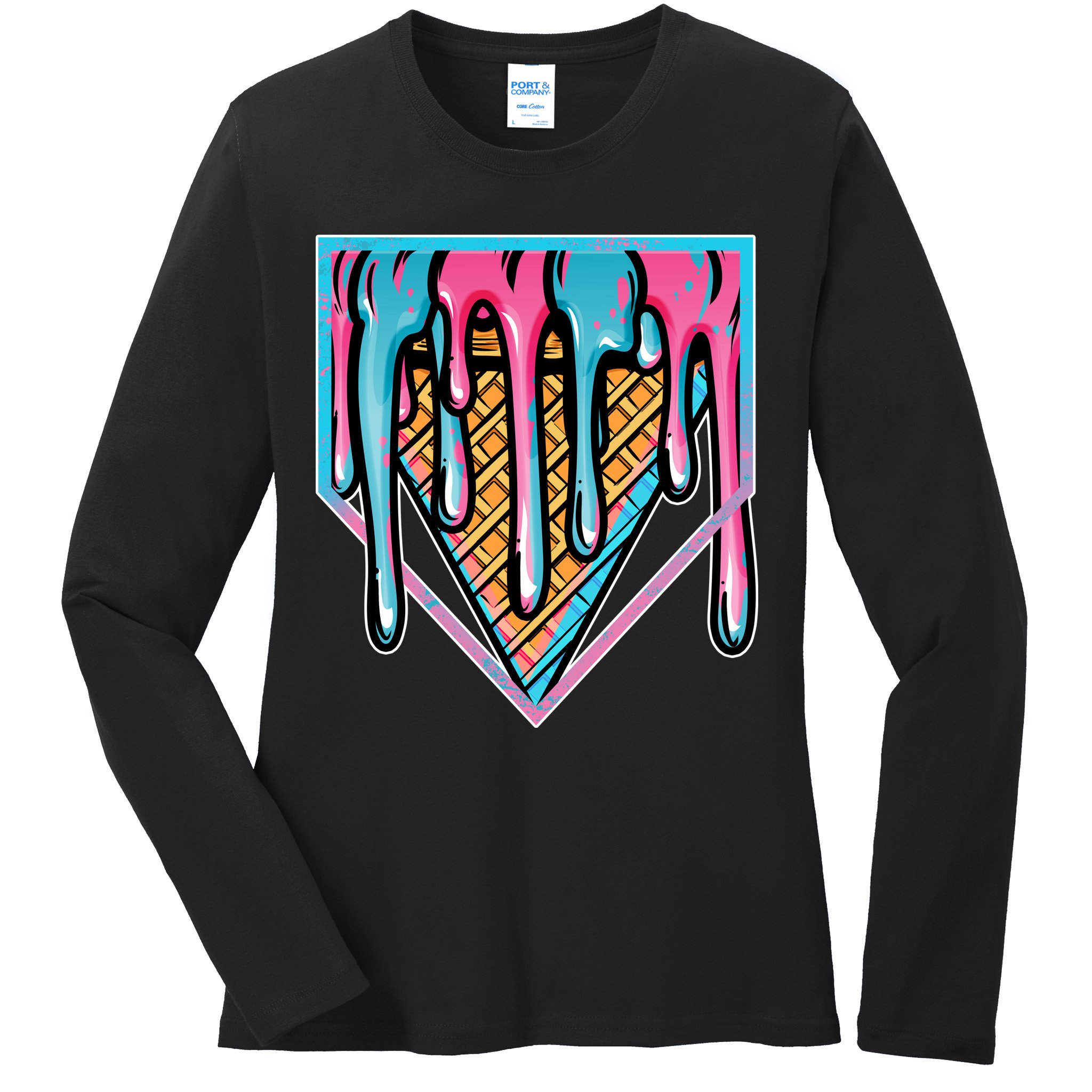 Cute Retro Melting Ice Cream Cone Baseball Home Plate Ladies Long Sleeve Shirt