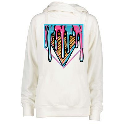 Cute Retro Melting Ice Cream Cone Baseball Home Plate Womens Funnel Neck Pullover Hood