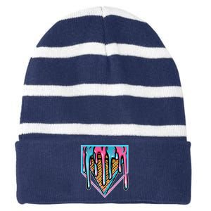 Cute Retro Melting Ice Cream Cone Baseball Home Plate Striped Beanie with Solid Band