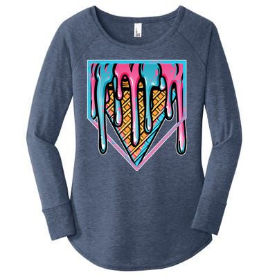 Cute Retro Melting Ice Cream Cone Baseball Home Plate Women's Perfect Tri Tunic Long Sleeve Shirt