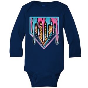 Cute Retro Melting Ice Cream Cone Baseball Home Plate Baby Long Sleeve Bodysuit