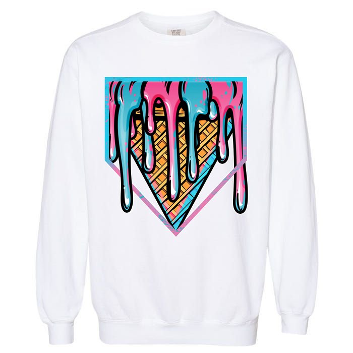 Cute Retro Melting Ice Cream Cone Baseball Home Plate Garment-Dyed Sweatshirt