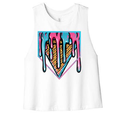 Cute Retro Melting Ice Cream Cone Baseball Home Plate Women's Racerback Cropped Tank