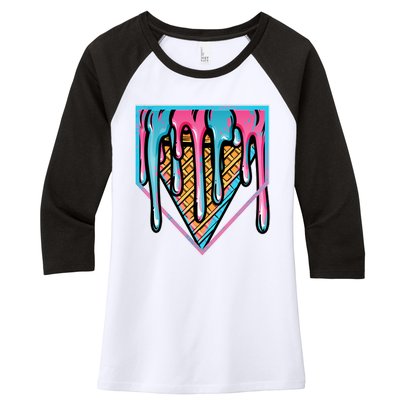 Cute Retro Melting Ice Cream Cone Baseball Home Plate Women's Tri-Blend 3/4-Sleeve Raglan Shirt