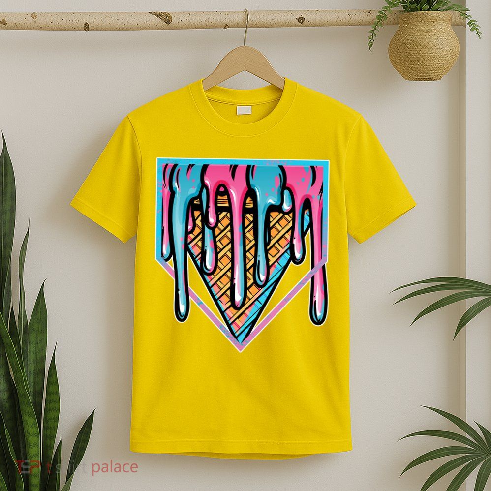 Cute Retro Melting Ice Cream Cone Baseball Home Plate T-Shirt