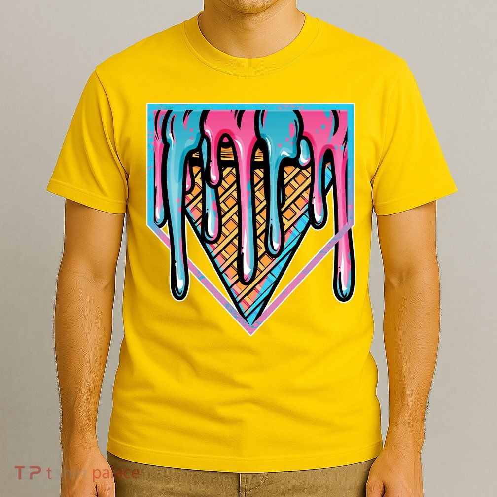 Cute Retro Melting Ice Cream Cone Baseball Home Plate T-Shirt