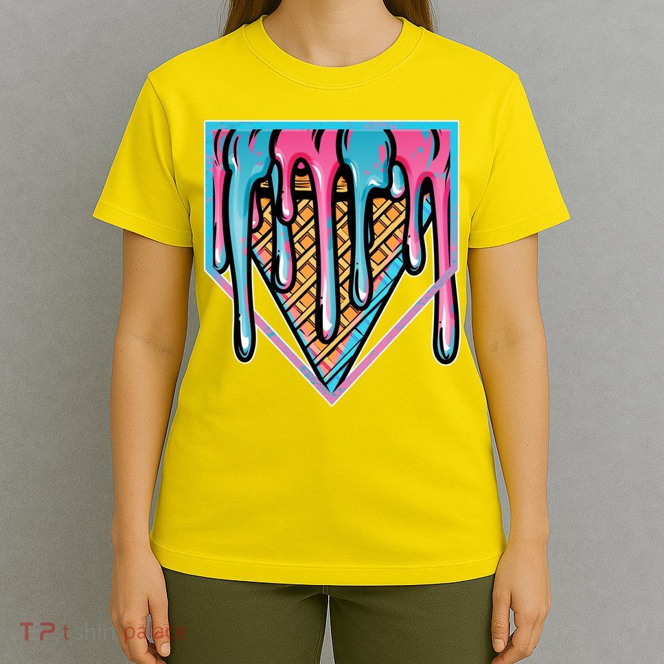Cute Retro Melting Ice Cream Cone Baseball Home Plate T-Shirt