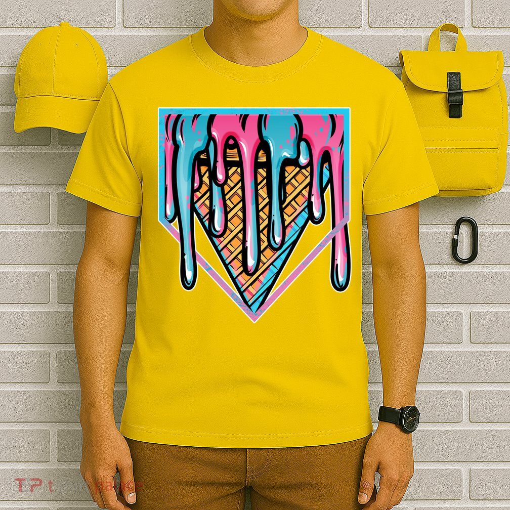 Cute Retro Melting Ice Cream Cone Baseball Home Plate T-Shirt