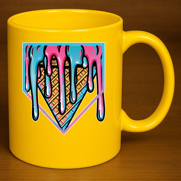 Cute Retro Melting Ice Cream Cone Baseball Home Plate 11oz C Handle Ceramic Mug