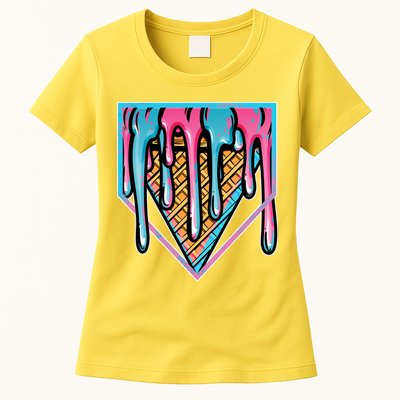 Cute Retro Melting Ice Cream Cone Baseball Home Plate Womens T-Shirt