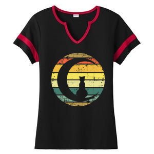 Cat Retro Moon Sunset Ladies Halftime Notch Neck Tee