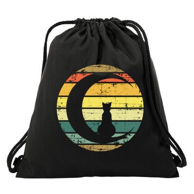 Cat Retro Moon Sunset Drawstring Bag