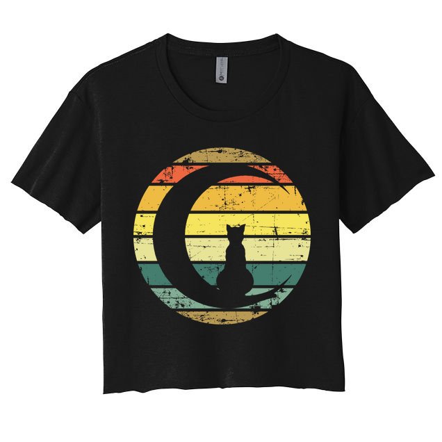 Cat Retro Moon Sunset Crop Top