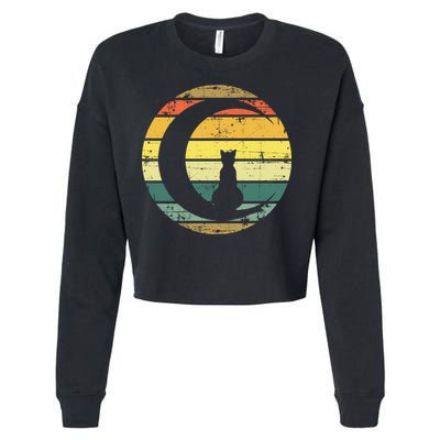 Cat Retro Moon Sunset Cropped Pullover Crew