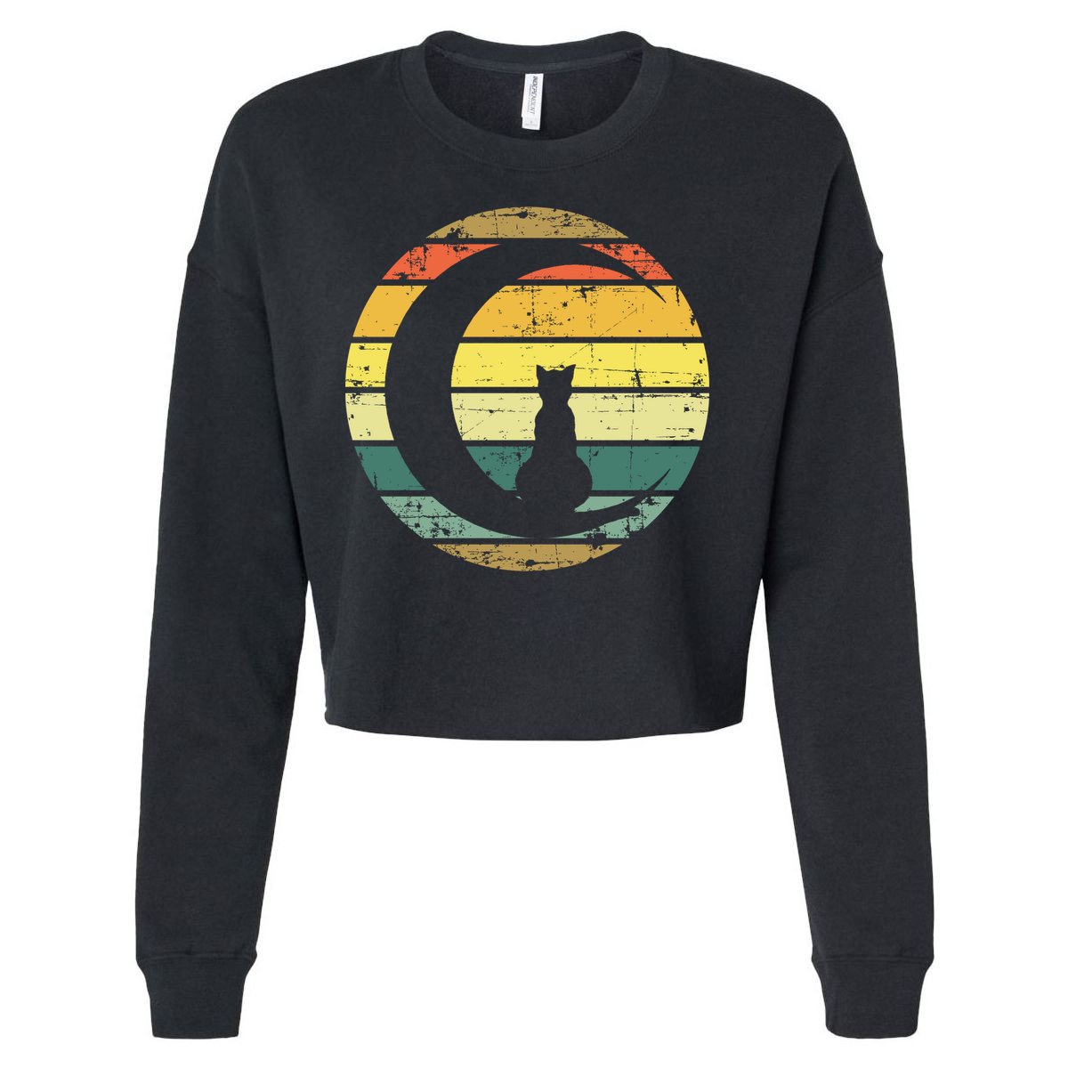 Cat Retro Moon Sunset Cropped Pullover Crew