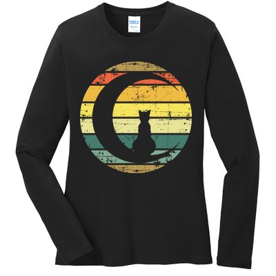 Cat Retro Moon Sunset Ladies Long Sleeve Shirt