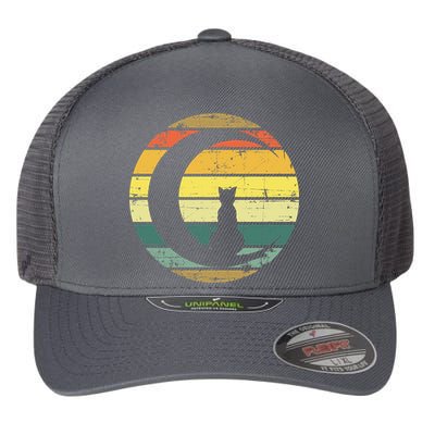 Cat Retro Moon Sunset Flexfit Unipanel Trucker Cap