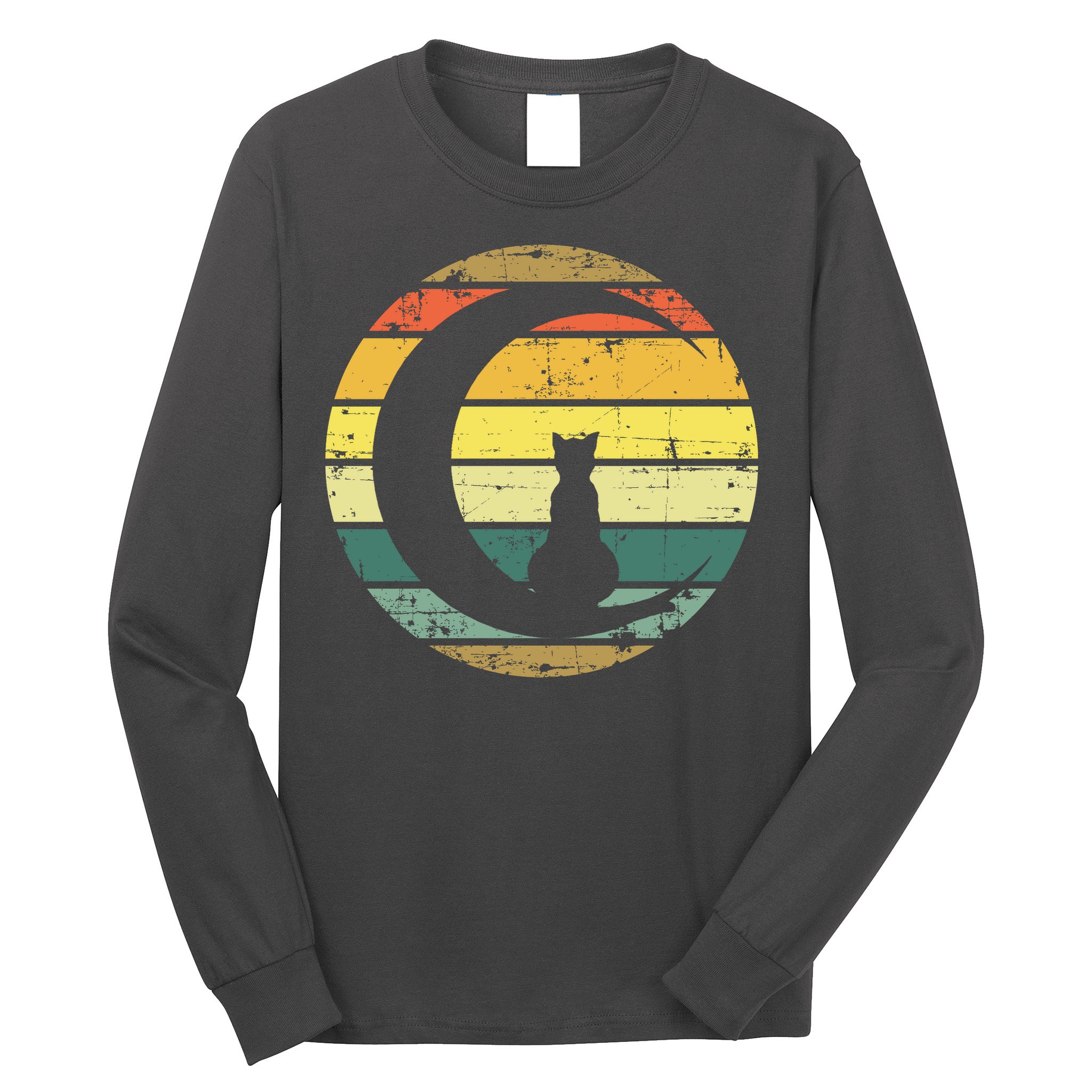 Cat Retro Moon Sunset Long Sleeve Shirt
