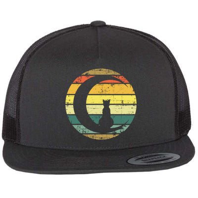 Cat Retro Moon Sunset Flat Bill Trucker Hat