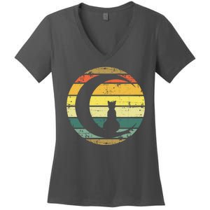 Cat Retro Moon Sunset Women's V-Neck T-Shirt