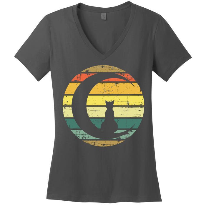 Cat Retro Moon Sunset Women's V-Neck T-Shirt