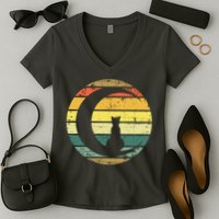 Cat Retro Moon Sunset Women's V-Neck T-Shirt