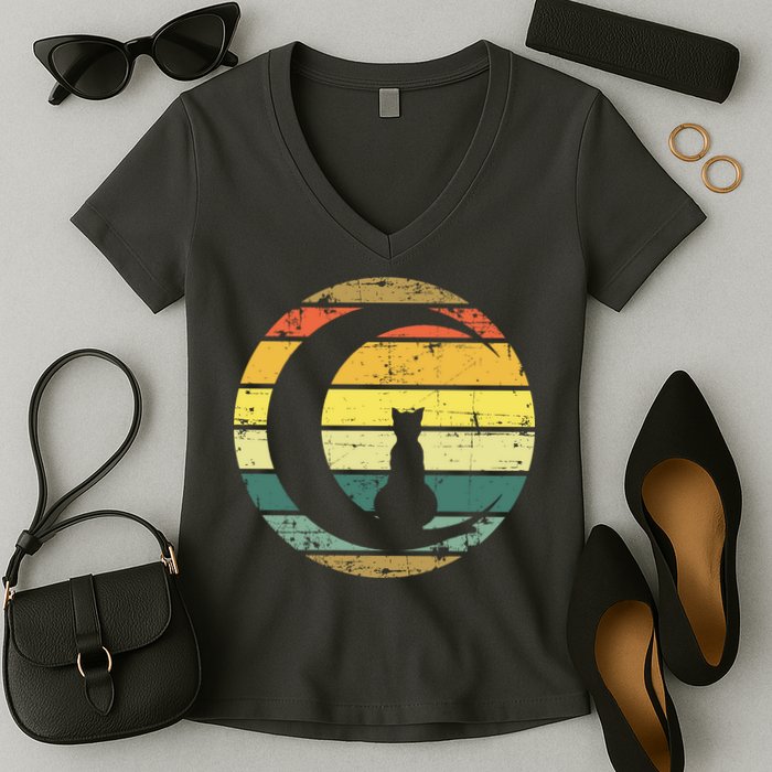 Cat Retro Moon Sunset Women's V-Neck T-Shirt