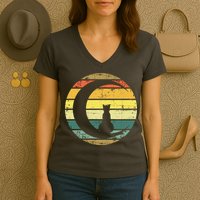 Cat Retro Moon Sunset Women's V-Neck T-Shirt