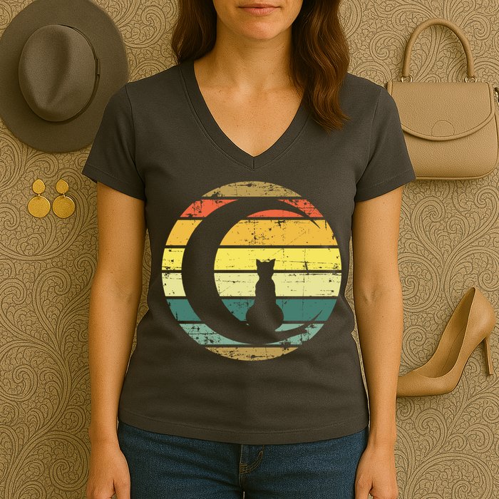 Cat Retro Moon Sunset Women's V-Neck T-Shirt