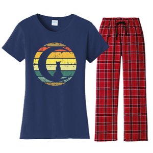 Cat Retro Moon Sunset Women's Flannel Pajama Set