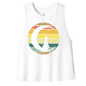 Cat Retro Moon Sunset Women's Racerback Cropped Tank