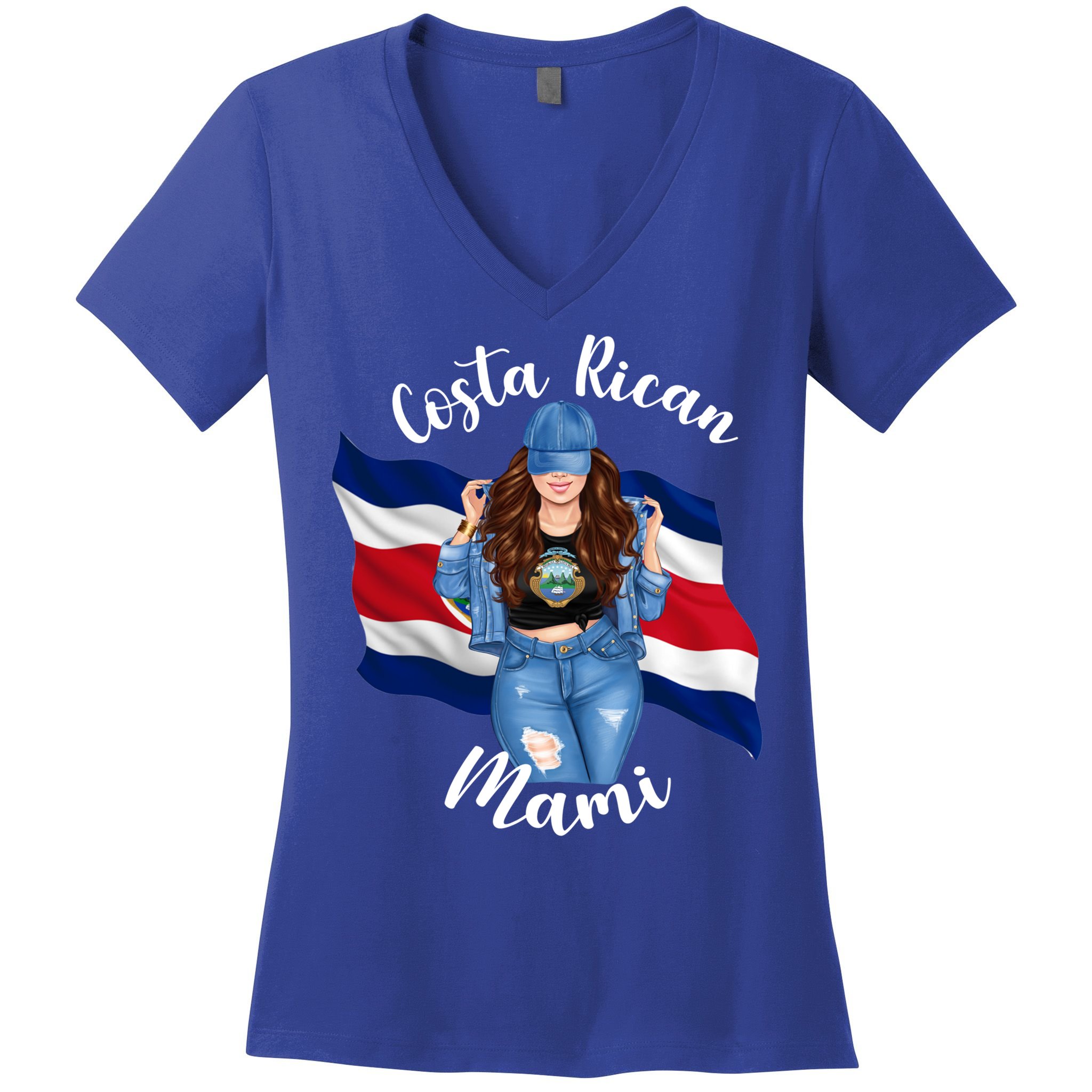 Costa Rican Mami Flag Emblem Brunette Costa Rico Queen Mom Gift Women's V-Neck T-Shirt