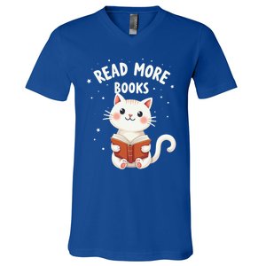 Cute Read More Books Cat Reading Book Librarian Cool Gift V-Neck T-Shirt