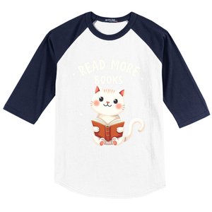 Cute Read More Books Cat Reading Book Librarian Cool Gift Baseball Sleeve Shirt