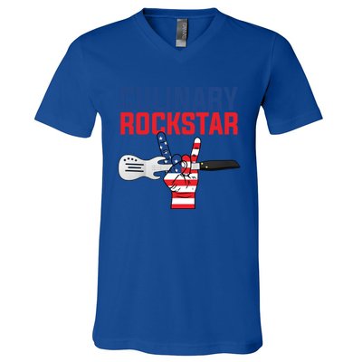 Culinary Rockstar Merica Flag Funny Chef Cook Culinary Lover Gift V-Neck T-Shirt