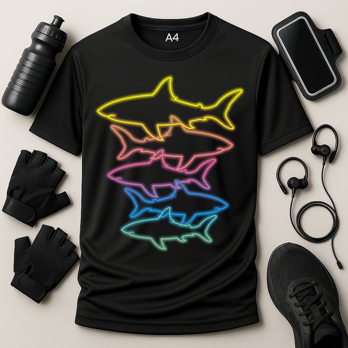 Colorful Retro Neon Sharks Performance Shirt