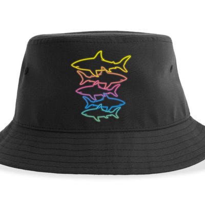 Colorful Retro Neon Sharks Sustainable Bucket Hat