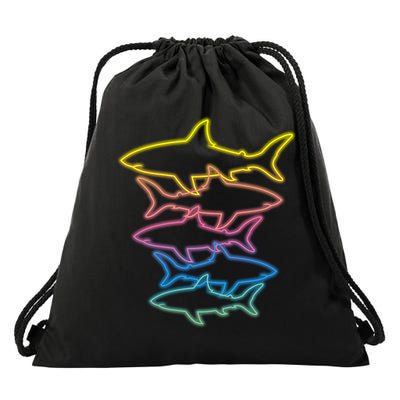 Colorful Retro Neon Sharks Drawstring Bag
