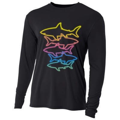 Colorful Retro Neon Sharks Cooling Performance Long Sleeve Crew