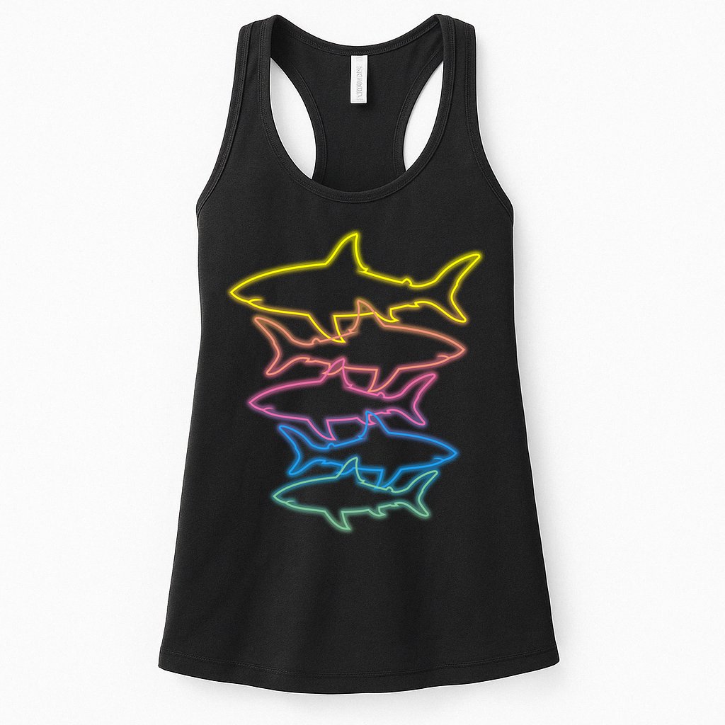 Colorful Retro Neon Sharks Womens Tank Top