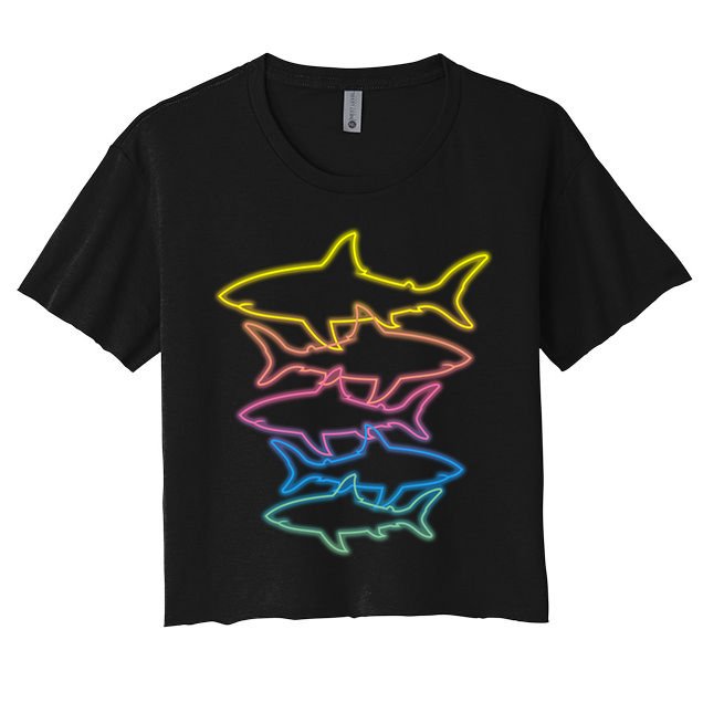 Colorful Retro Neon Sharks Crop Top
