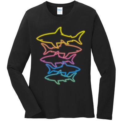Colorful Retro Neon Sharks Ladies Long Sleeve Shirt