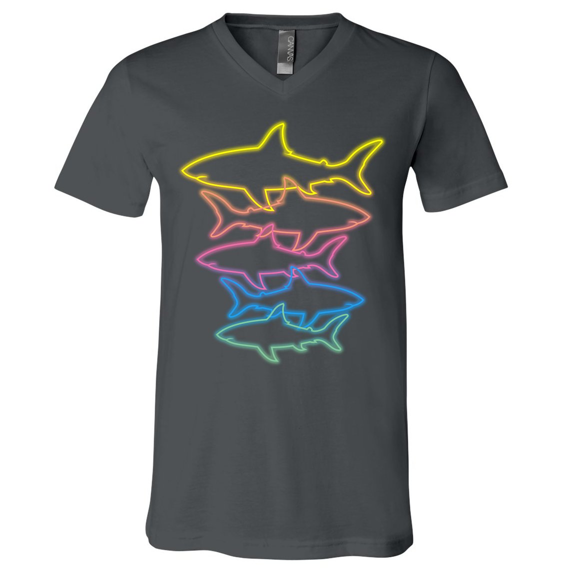 Colorful Retro Neon Sharks V-Neck T-Shirt