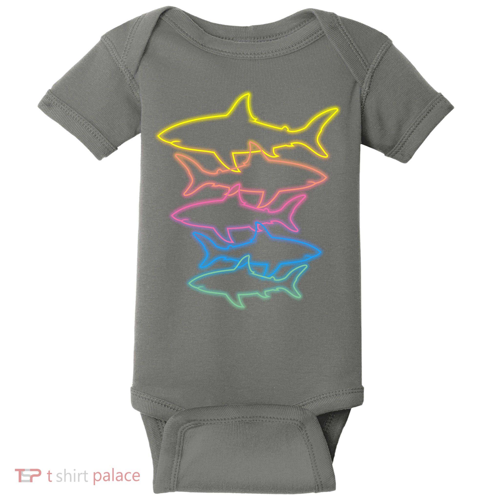 Colorful Retro Neon Sharks Baby Bodysuit