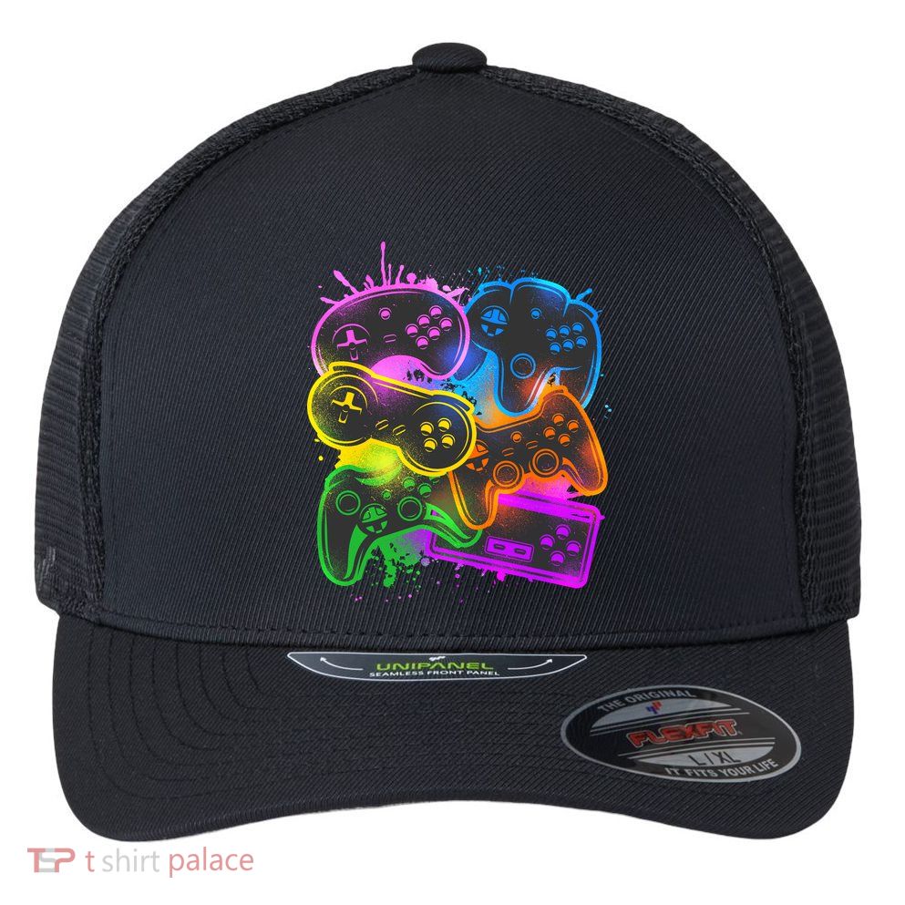 Cool Retro Neon Graffiti Video Game Controllers Flexfit Unipanel Trucker Cap